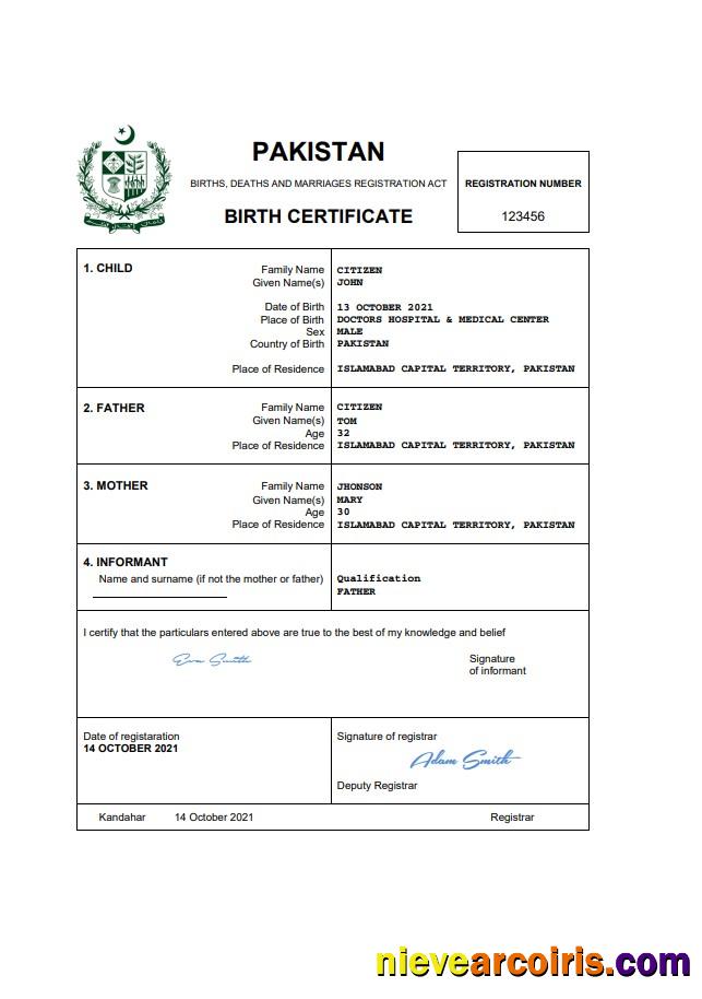 Pakistan vital record birth certificate